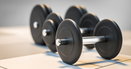 three dumbbells standing in row 3d illustration