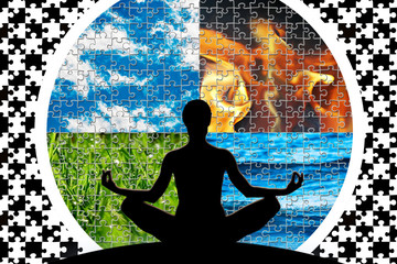 Female yoga figure in a circle composed of four puzzle cut natural elements (water, fire, earth,...