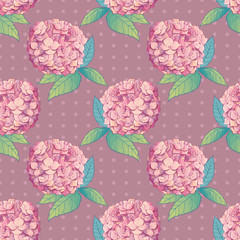 Inflorescence Hydrangea randomly arranged in seamless pattern, vector illustration in hand drawing vintage style.