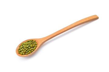 mung bean in wooden spoon isolated on white background