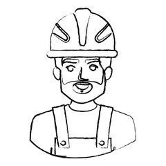 monochrome blurred contour with half body of bearded male worker with helmet vector illustration