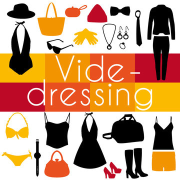 Vide-dressing illustration. Silhouettes de vêtements à la mode. Design couleurs chaudes.