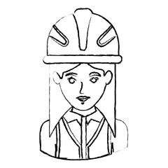 monochrome blurred contour with half body of female architect with helmet vector illustration