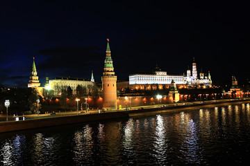 moscow, night, kremlin, russia, river, Embankment, 