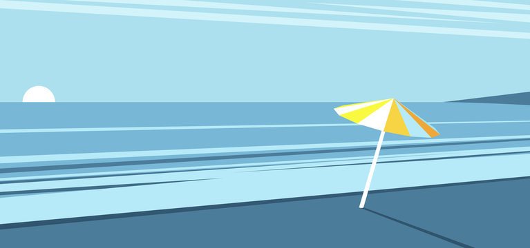 Sea beach with a yellow umbrella on the background of the morning sky, the sunrise on the beach, vector summer illustration