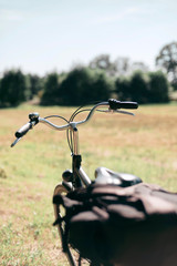 Fototapeta na wymiar Steering bar of black bicycle standing in summer nature.