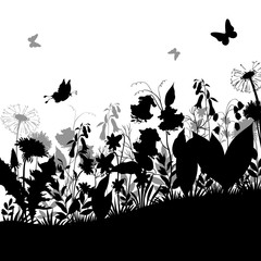 Summer Landscape, Butterflies, Grass, Flowers Dandelions and Bluebells, Leaves Black and Gray Silhouettes on White Background. Vector