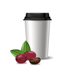 Realistic paper coffee cup vector mockup with coffee beansand berries with leaves isolated.
