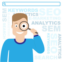 SEO optimization. Sem and e-marketing. The guy is holding a magnifying glass. Flat illustration © Kyrylenko
