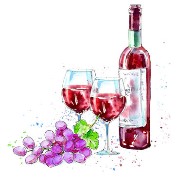 Bottle of red wine, glasses and grapes.Picture of a alcoholic drink.Beverage.Watercolor hand drawn illustration.