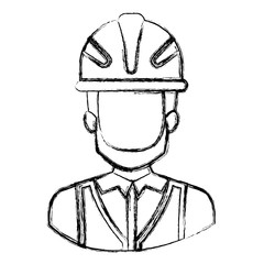 monochrome blurred contour with half body of faceless male bearded architect with helmet vector illustration