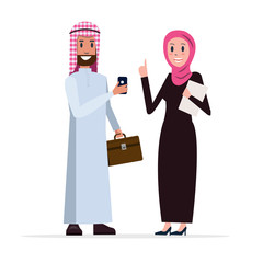 Muslim business people talking. flat character design. vector illustration