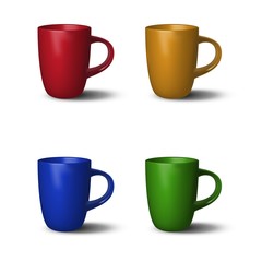 4 colorful realistic cups. Vector red, yellow, blue, green cups on white background