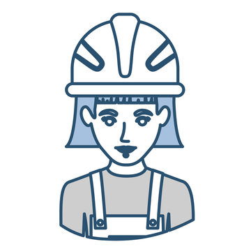 blue silhouette with half body of female worker with helmet vector illustration