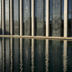 Modern office building by reflecting pool, Minneapolis, Hennepin County, Minnesota, USA
