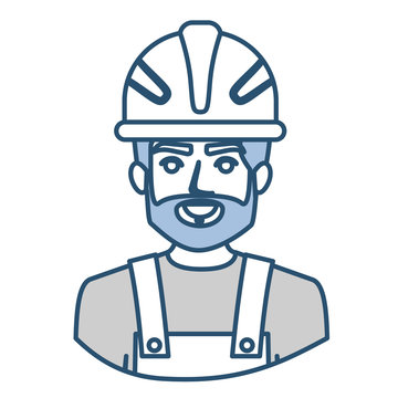 blue silhouette with half body of bearded male worker with helmet vector illustration