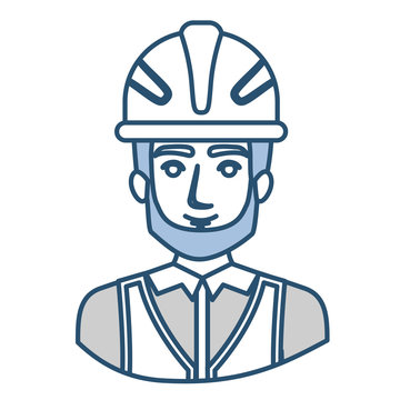 blue silhouette with half body of male bearded architect with helmet vector illustration
