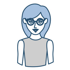 blue silhouette with half body of woman with glasses and sleeveless shirt vector illustration