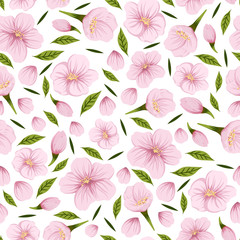 Seamless pattern with cherry flowers and petals.