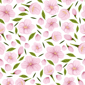 Seamless pattern with cherry flowers and petals.