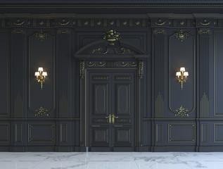 Black wall panels in classical style with gilding. 3d rendering