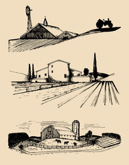 Vector farm landscapes illustrations set. Hand drawn countryside. Drawings of villa, peasants house in fields.