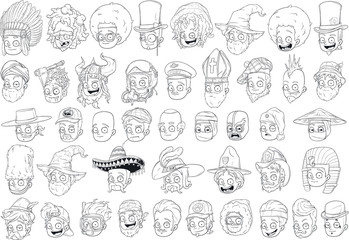 Cool different cartoon black and white characters heads for coloring big vector set