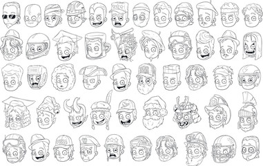 Different funny cartoon black and white characters heads for coloring big vector set