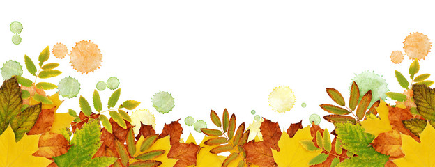 Autumn border with dried leaves and paint blots in yellow, orange and green colors
