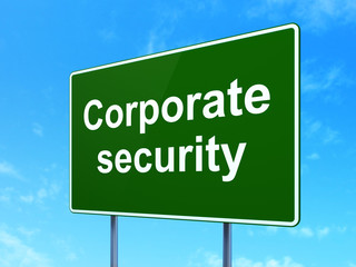 Safety concept: Corporate Security on road sign background