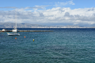 The Albanian town of Saranda seen from the port of Kassiopi, Corfu Island, Greece 