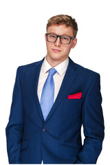 Business Man in blue suit isolated over white background.