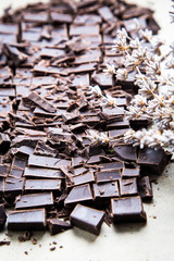 Stack of chocolate slices with mint leaf. dark chocolate over wooden background, selective focus