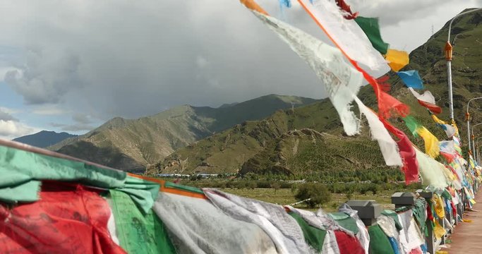 4k flying prayer flag with mountain,tibet.