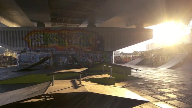 Inline skater and cyclist. Sunny skatepark at daytime. Life of free youth.
