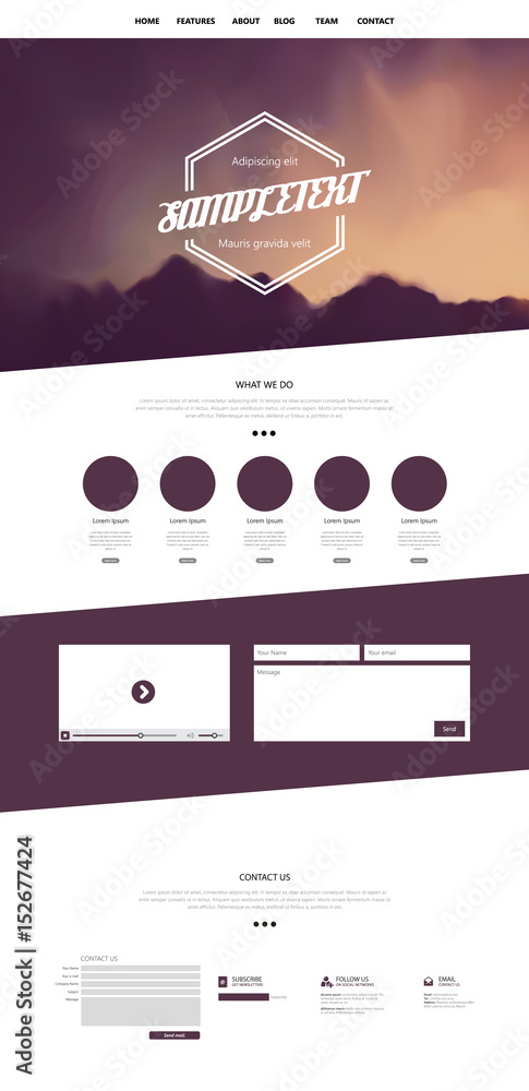 Wall mural one page website template with abstract mountains header design.