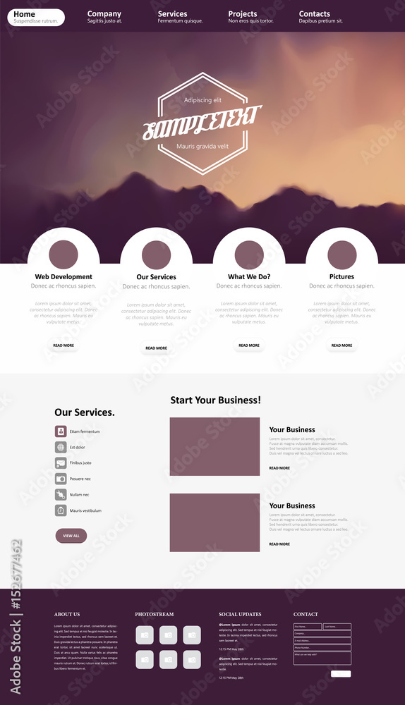 Wall mural one page website template with abstract mountains header design.