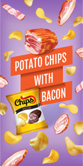 Potato chips ads. Vector realistic illustration with potato chips with bacon. Vertical banner with product.