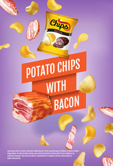 Vector realistic illustration with potato chips with bacon.