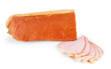 Smoked boneless pork ham hock wrapped in netting isolated on white