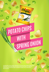 Potato chips ads. Vector realistic illustration of potato chips with spring onion. Vertical poster with product.