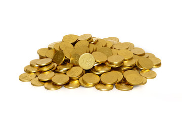 Chocolate coins on a white background