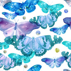 Watercolor pattern with the image of transparent butterflies in blue and violet colors on a white background