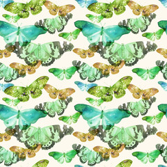Akwarelowy Wzór Z Obrazem Przezroczystych Motylów W Niebieskim, Zielonym I Ochernym Kolorze Na Beżowym Tle