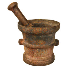 Rusted authentic ancient mortar isolated on white
