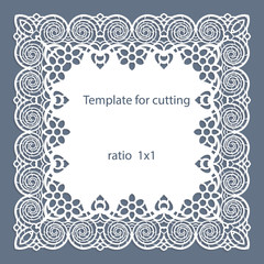 Greeting card with openwork border, paper doily under the cake, template for cutting, wedding invitation, decorative plate is laser cut, vector illustrations.