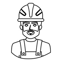 monochrome contour half body of bearded male worker with helmet vector illustration