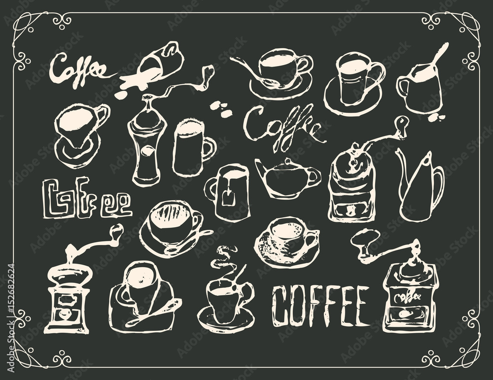 Poster vector set of drawings on the theme of tea and coffee in a frame with curls and inscriptions on blac