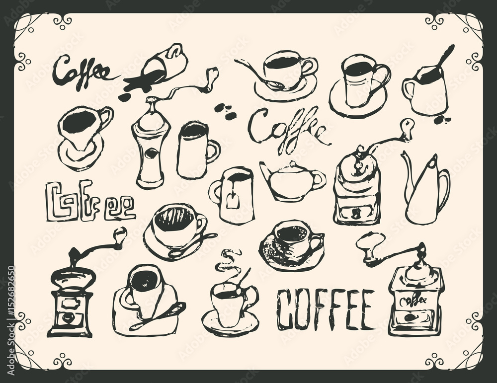 Poster vector set of drawings on the theme of tea and coffee in a frame with curls and inscriptions on ligh