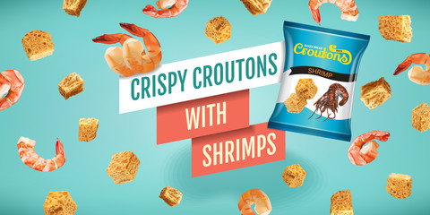 Vector realistic illustration of croutons with shrimps.